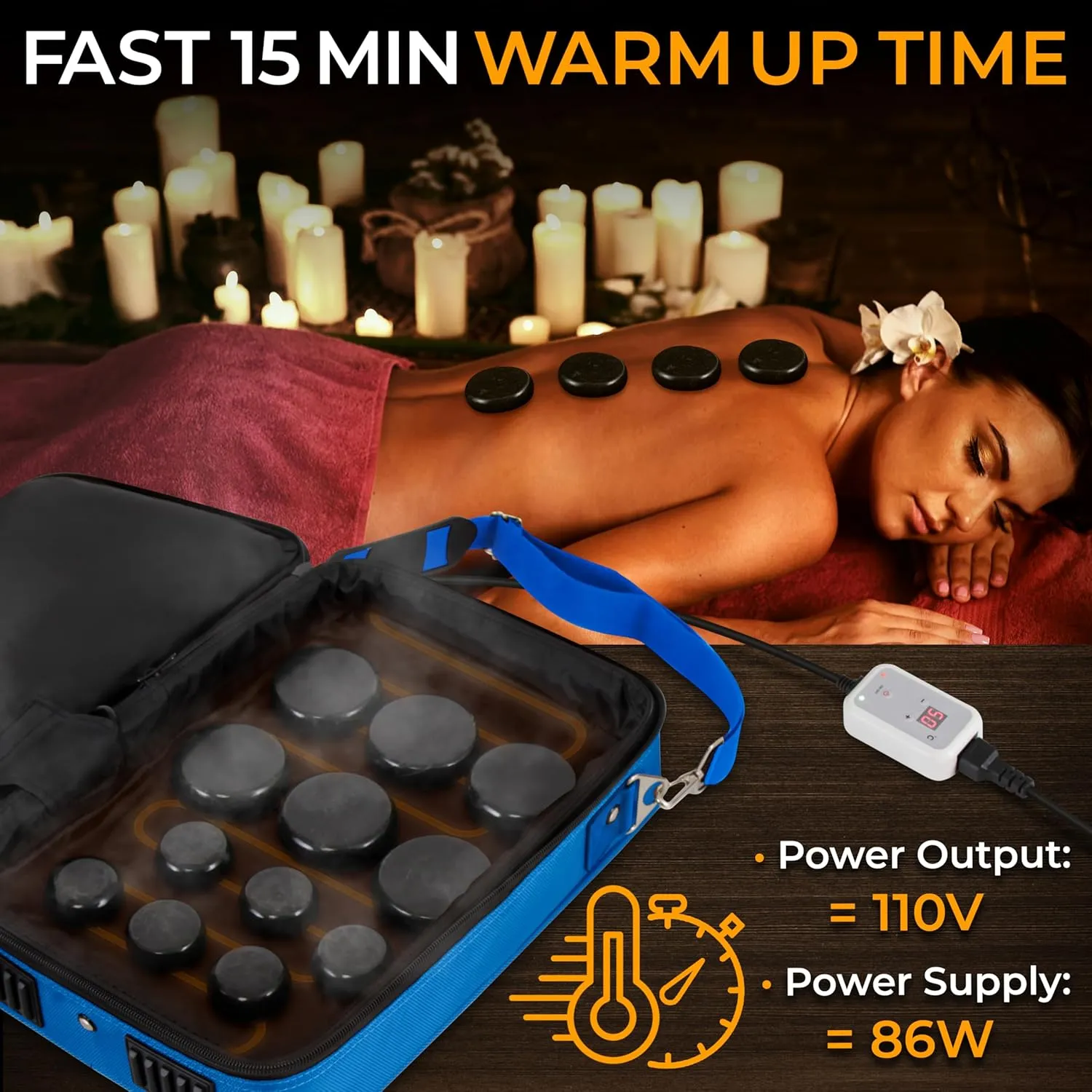 SereneLife Portable Massage Stone Warmer Set - Electric Spa Hot Stones Massager and Heater Kit with 6 Large and 6 Small Round Shaped Basalt Massaging Rocks, Digital Controller Heating Bag