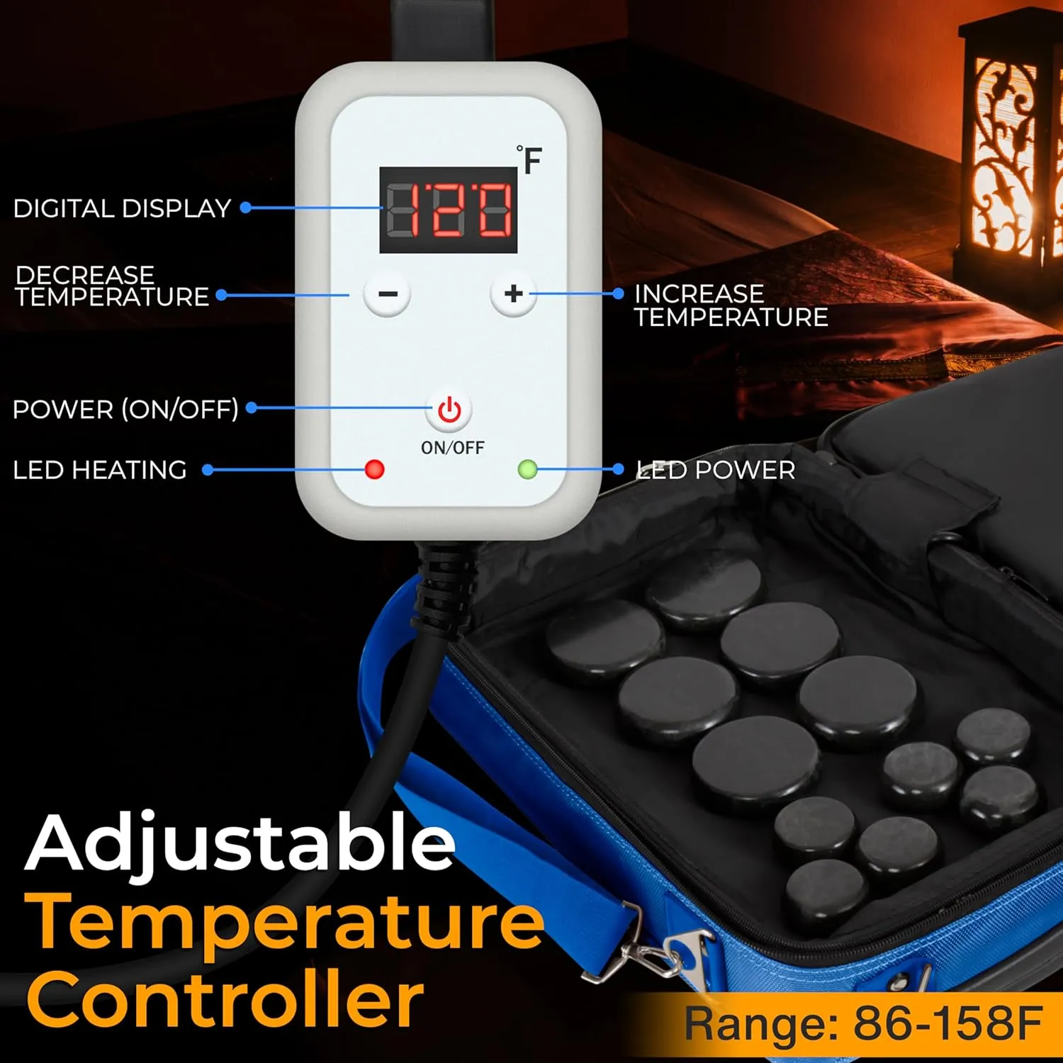 SereneLife Portable Massage Stone Warmer Set - Electric Spa Hot Stones Massager and Heater Kit with 6 Large and 6 Small Round Shaped Basalt Massaging Rocks, Digital Controller Heating Bag