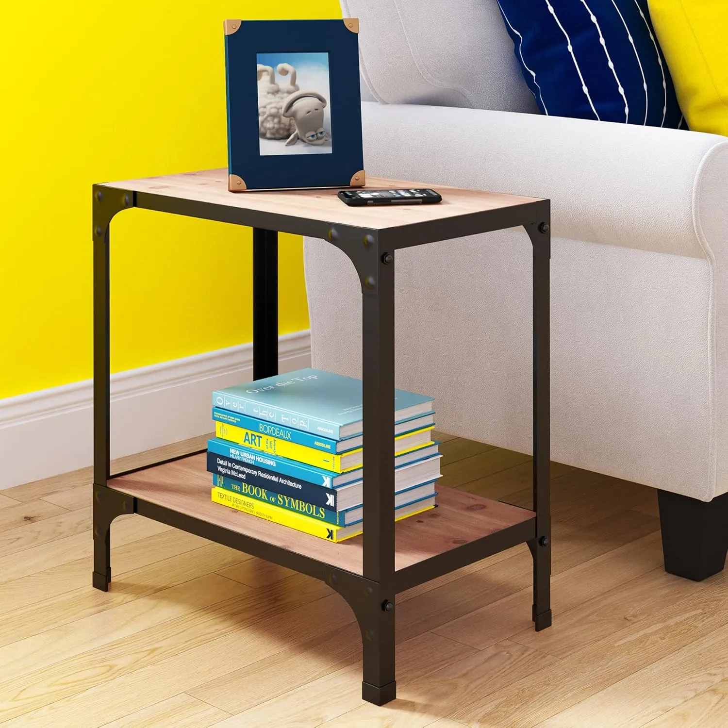 Serta Overland 2-Tier Side Table, Rustic Wood and Black Metal Accent Furniture, Rectangular Narrow Frame, Easy Assembly, Natural/Black