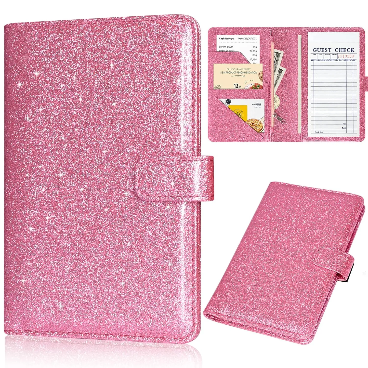 Server Book for Waitress - Leather Waiter Book Server Wallet with Zipper Pocket, Cute Serving Book&Server Note Pads Holder with Magnetic Closure, Glitter Pink