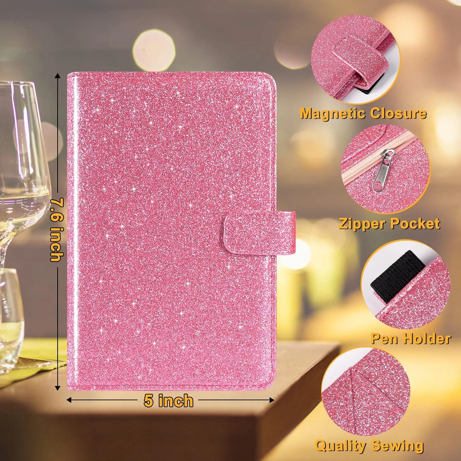 Server Book for Waitress - Leather Waiter Book Server Wallet with Zipper Pocket, Cute Serving Book&Server Note Pads Holder with Magnetic Closure, Glitter Pink