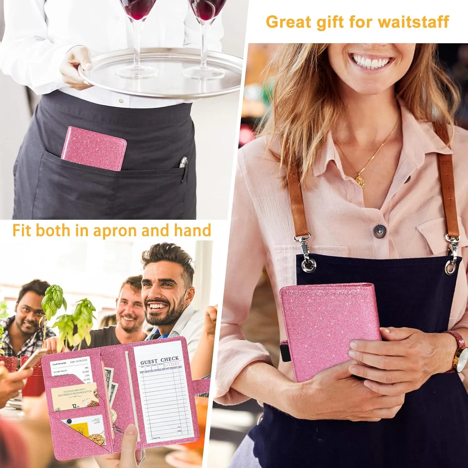 Server Book for Waitress - Leather Waiter Book Server Wallet with Zipper Pocket, Cute Serving Book&Server Note Pads Holder with Magnetic Closure, Glitter Pink