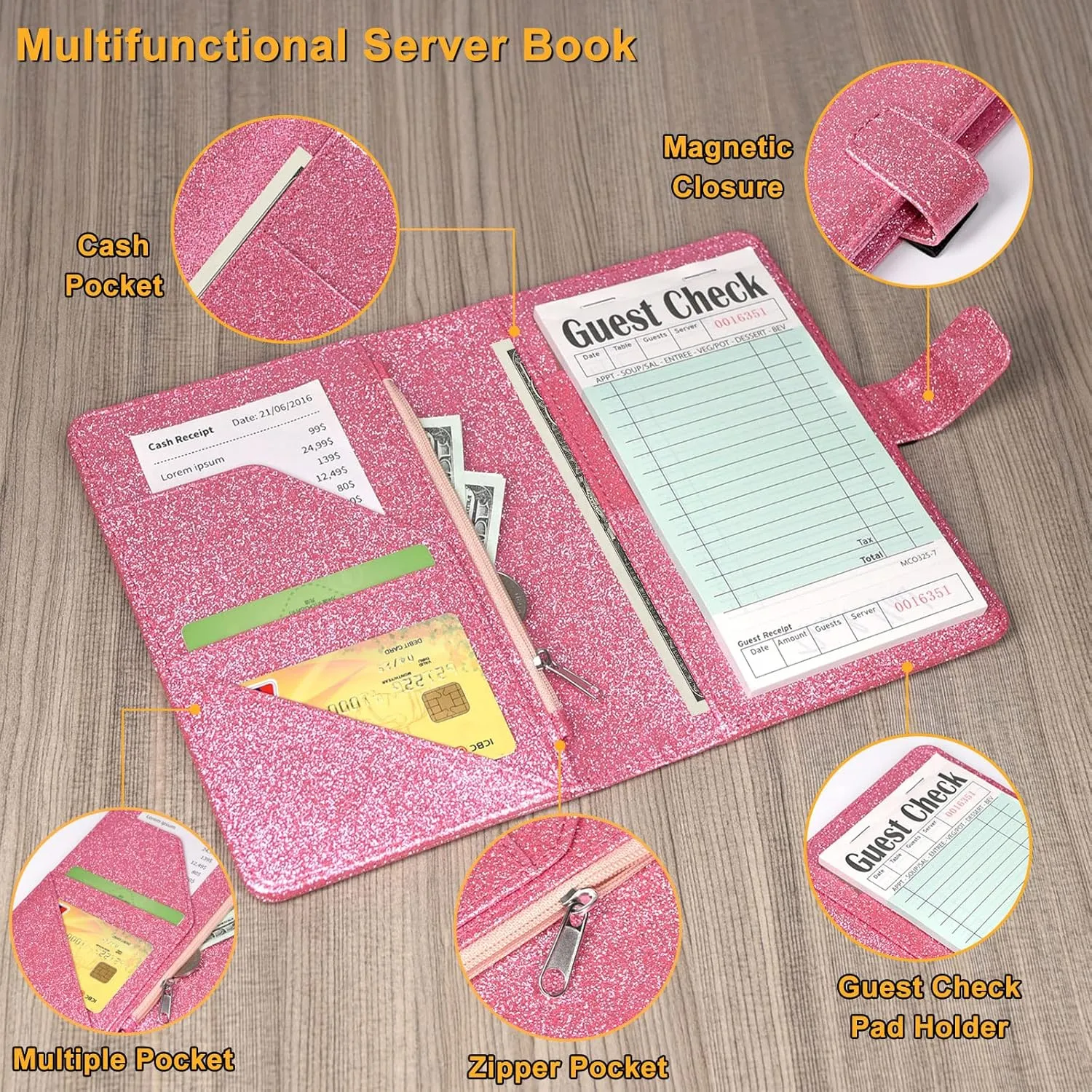Server Book for Waitress - Leather Waiter Book Server Wallet with Zipper Pocket, Cute Serving Book&Server Note Pads Holder with Magnetic Closure, Glitter Pink