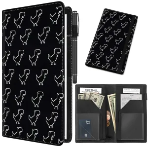 Server Book for Waitress with 11 Zipper Pocket,Waiter Book Server Wallet for Waiter Serving Book Guest Check Holder Restaurant Waitstaff Organizer for Server Apron, Little Dinosaur Black