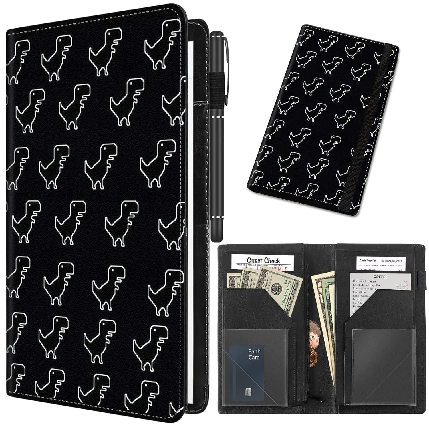 Server Book for Waitress with 11 Zipper Pocket,Waiter Book Server Wallet for Waiter Serving Book Guest Check Holder Restaurant Waitstaff Organizer for Server Apron, Little Dinosaur Black
