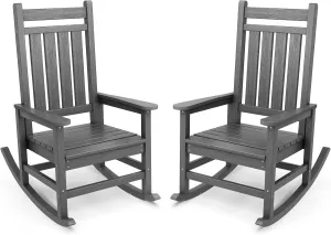 SERWALL Outdoor Rocking Chair Set of 2, HDPE Rocking Chairs for Adult, All Weather Porch Rockers for Lawn Garden, Grey