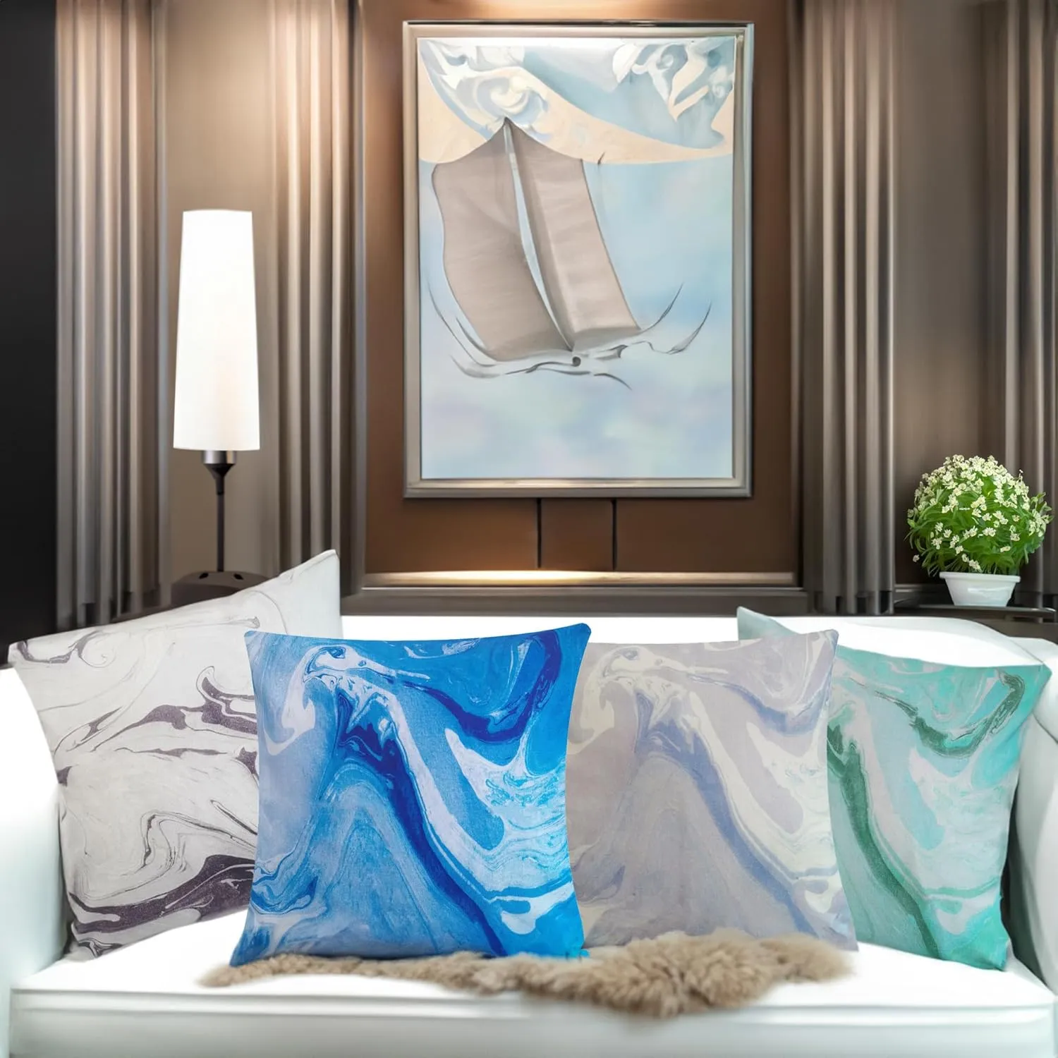 Set of 4 Marbling Throw Pillow Cover 20x20 Lilac Green Grey Blue Decorative Cushion Pillowcase Accent 50x50cm Mable Ink Abstract Paint Ocean Art Textured Cotton Decorations Couch Sofa Accent Pillows