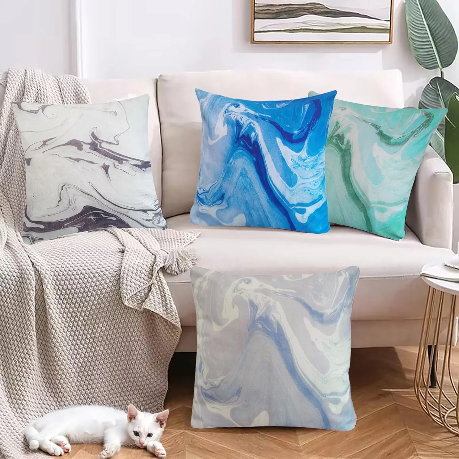 Set of 4 Marbling Throw Pillow Cover 20x20 Lilac Green Grey Blue Decorative Cushion Pillowcase Accent 50x50cm Mable Ink Abstract Paint Ocean Art Textured Cotton Decorations Couch Sofa Accent Pillows