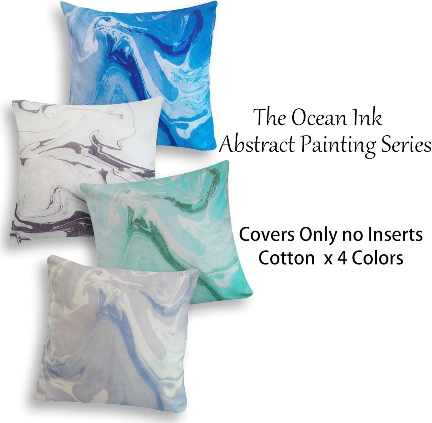 Set of 4 Marbling Throw Pillow Cover 20x20 Lilac Green Grey Blue Decorative Cushion Pillowcase Accent 50x50cm Mable Ink Abstract Paint Ocean Art Textured Cotton Decorations Couch Sofa Accent Pillows