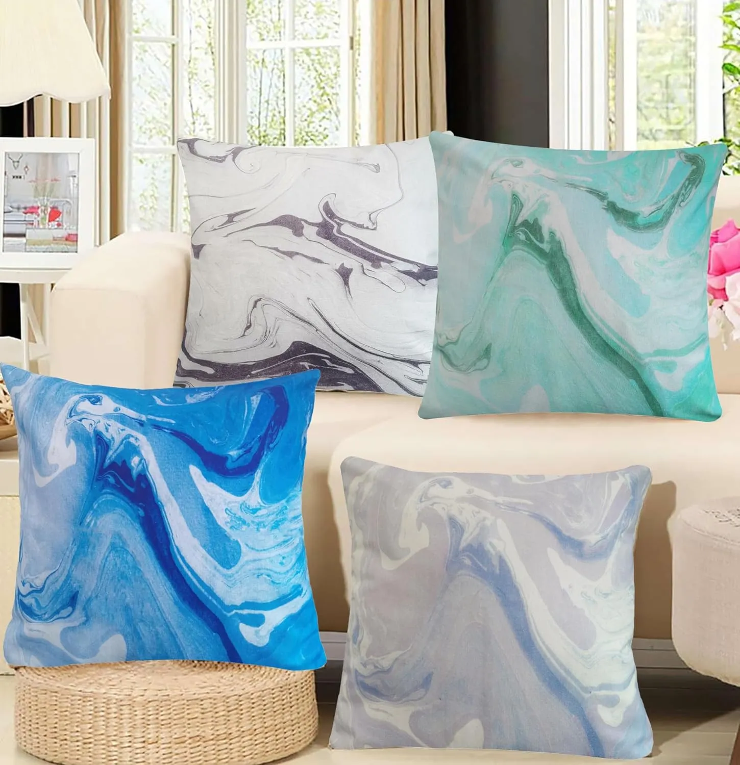 Set of 4 Marbling Throw Pillow Cover 20x20 Lilac Green Grey Blue Decorative Cushion Pillowcase Accent 50x50cm Mable Ink Abstract Paint Ocean Art Textured Cotton Decorations Couch Sofa Accent Pillows