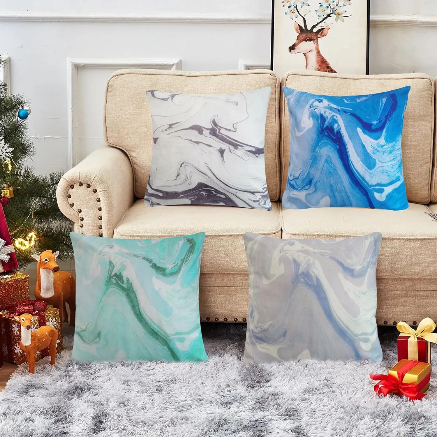 Set of 4 Marbling Throw Pillow Cover 20x20 Lilac Green Grey Blue Decorative Cushion Pillowcase Accent 50x50cm Mable Ink Abstract Paint Ocean Art Textured Cotton Decorations Couch Sofa Accent Pillows