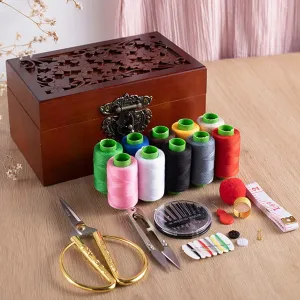 Sewing Tool Box, Sewing Kit, Sewing Box Organizer, Wooden Sewing Basket, Sewing Box with Sewing Kit, Accessories, Sewing Kits for Basic Adults, Brown
