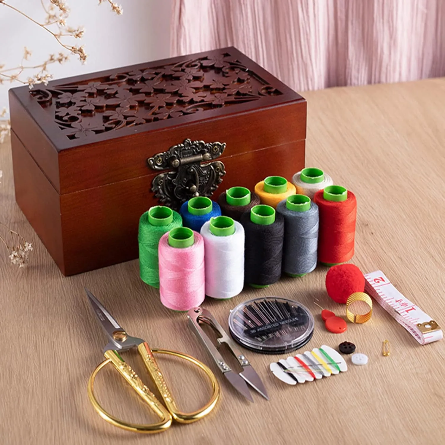 Sewing Tool Box, Sewing Kit, Sewing Box Organizer, Wooden Sewing Basket, Sewing Box with Sewing Kit, Accessories, Sewing Kits for Basic Adults, Brown
