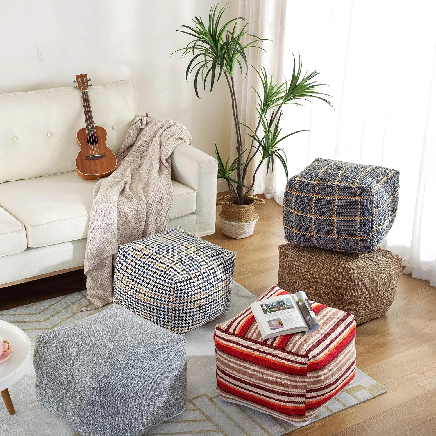 Sexysamba Unstuffed Square Pouf Cover Ottoman Bean Bag Chair Foot Stool Rest Decorative Poufs for Living Room Bedroom,Brown