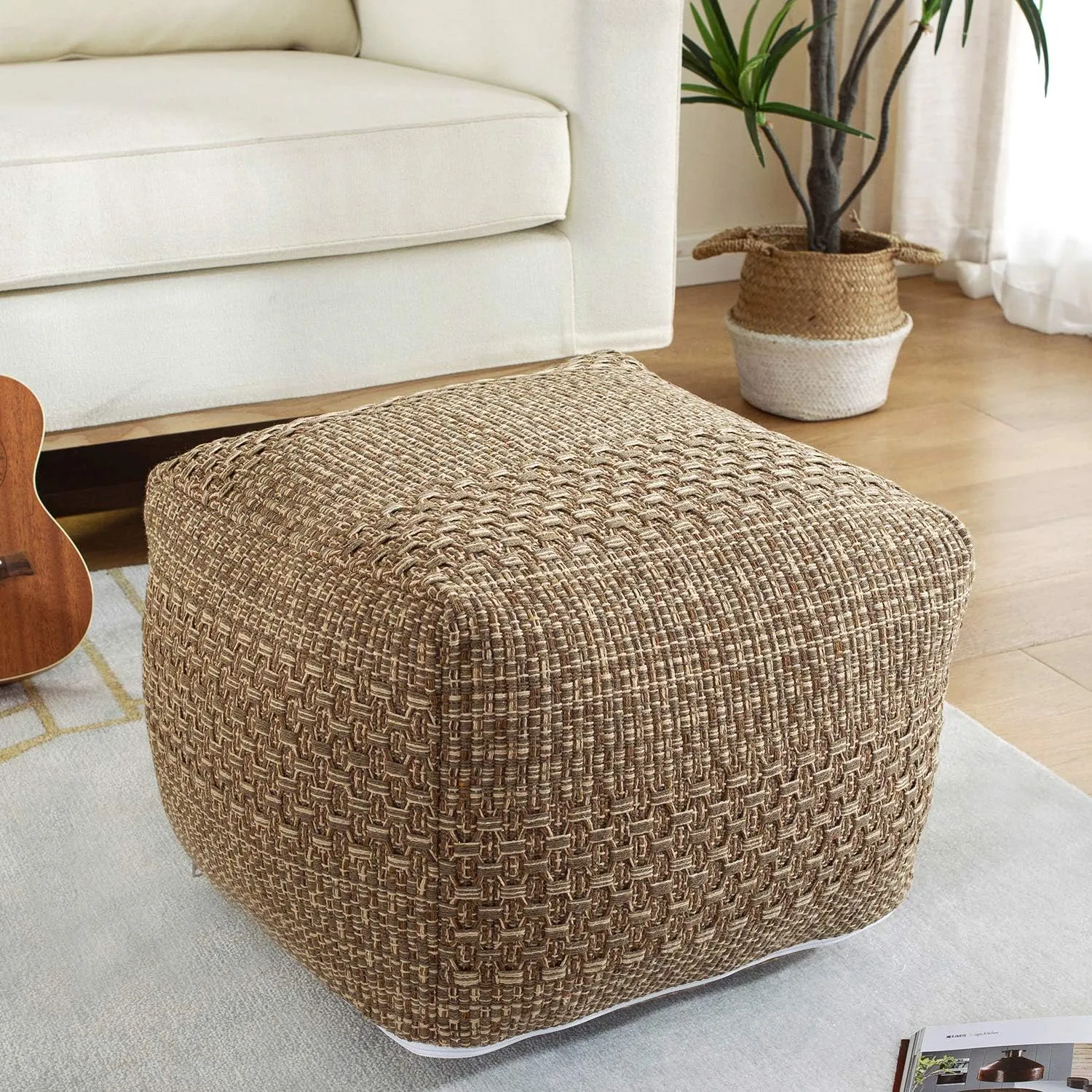 Sexysamba Unstuffed Square Pouf Cover Ottoman Bean Bag Chair Foot Stool Rest Decorative Poufs for Living Room Bedroom,Brown