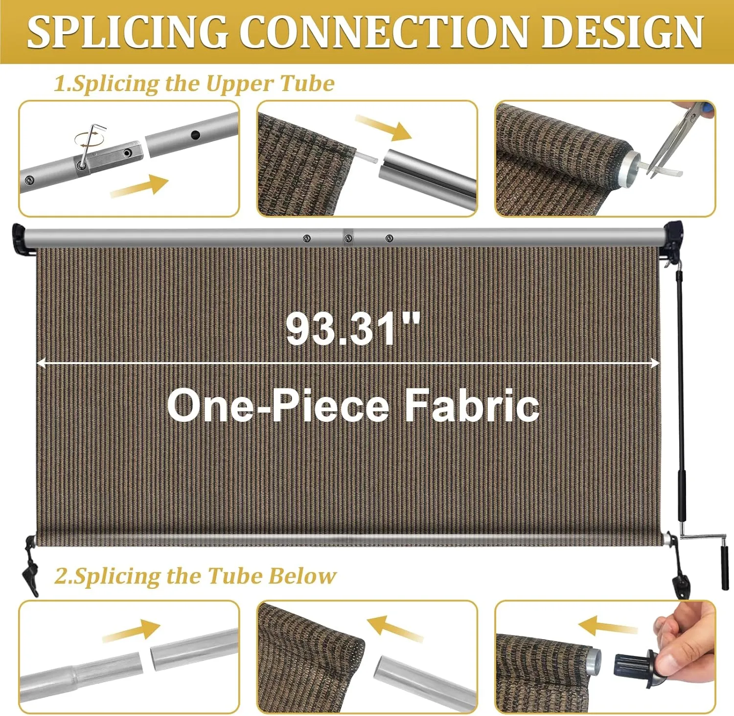 Shade&Beyond Outdoor Roller Shades with Splicing Design, 8' W x 6' H Cordless Patio Roll Up Blinds, Exterior Shade Cloth Roll for Porch, Gazebo, Pergola, Balcony, Mocha