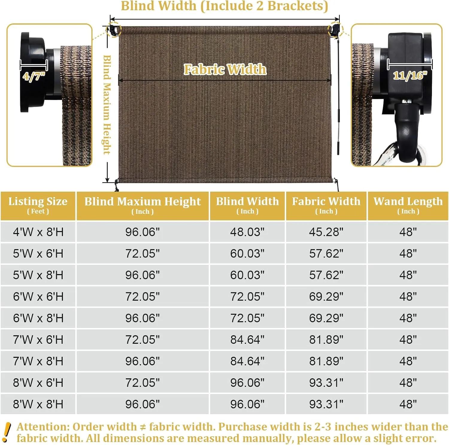 Shade&Beyond Outdoor Roller Shades with Splicing Design, 8' W x 6' H Cordless Patio Roll Up Blinds, Exterior Shade Cloth Roll for Porch, Gazebo, Pergola, Balcony, Mocha