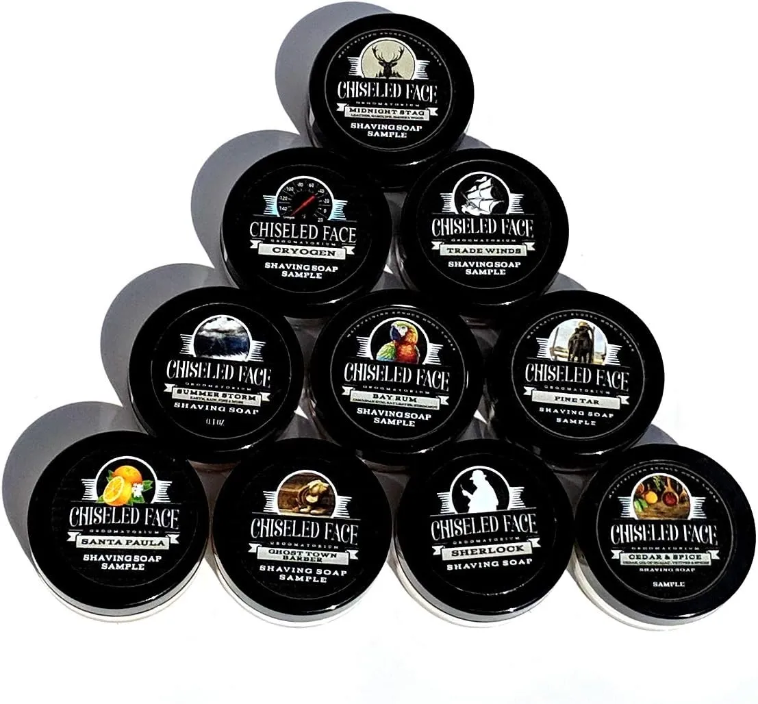 Shaving Soap Sampler by Chiseled Face — Santa Paula, Pine Tar, Sherlock, Cedar & Spice, Summer Storm, Trade Winds, Ghost Town Barber, Cryogen, and Midnight Stag — Handmade Shaving Soap