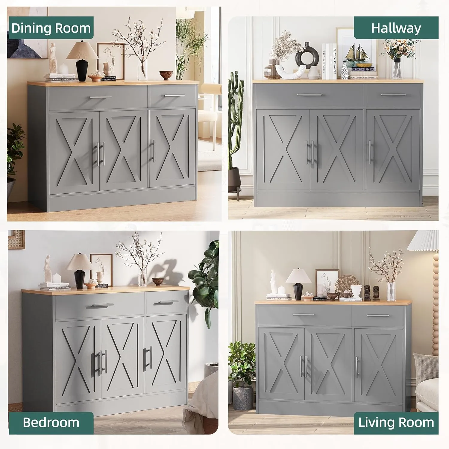 Shintenchi Modern Farmhouse Sideboard Buffet Cabinet with Storage with 3 Doors, 42"Barn Doors Buffet Cabinet with Storage, Wood Coffee Bar Cabinet with Adjustable Shelf for Kitchen, Living Room, Grey