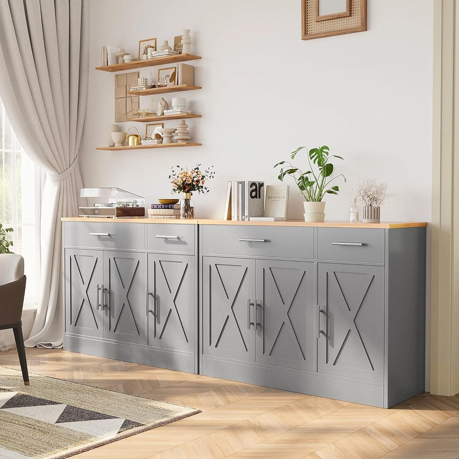 Shintenchi Modern Farmhouse Sideboard Buffet Cabinet with Storage with 3 Doors, 42"Barn Doors Buffet Cabinet with Storage, Wood Coffee Bar Cabinet with Adjustable Shelf for Kitchen, Living Room, Grey