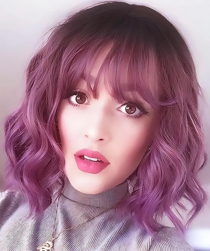 Short Wavy Purple Wig with Bangs 14inch Ombre Purple Wigs for Women Short Curly Bob Wigs Synthetic Natural Looking Hair Replacement Wigs Costume Cosplay Halloween Wig(14'' Purple)