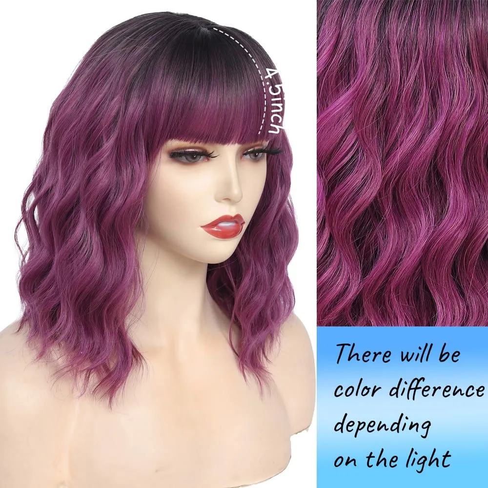 Short Wavy Purple Wig with Bangs 14inch Ombre Purple Wigs for Women Short Curly Bob Wigs Synthetic Natural Looking Hair Replacement Wigs Costume Cosplay Halloween Wig(14'' Purple)