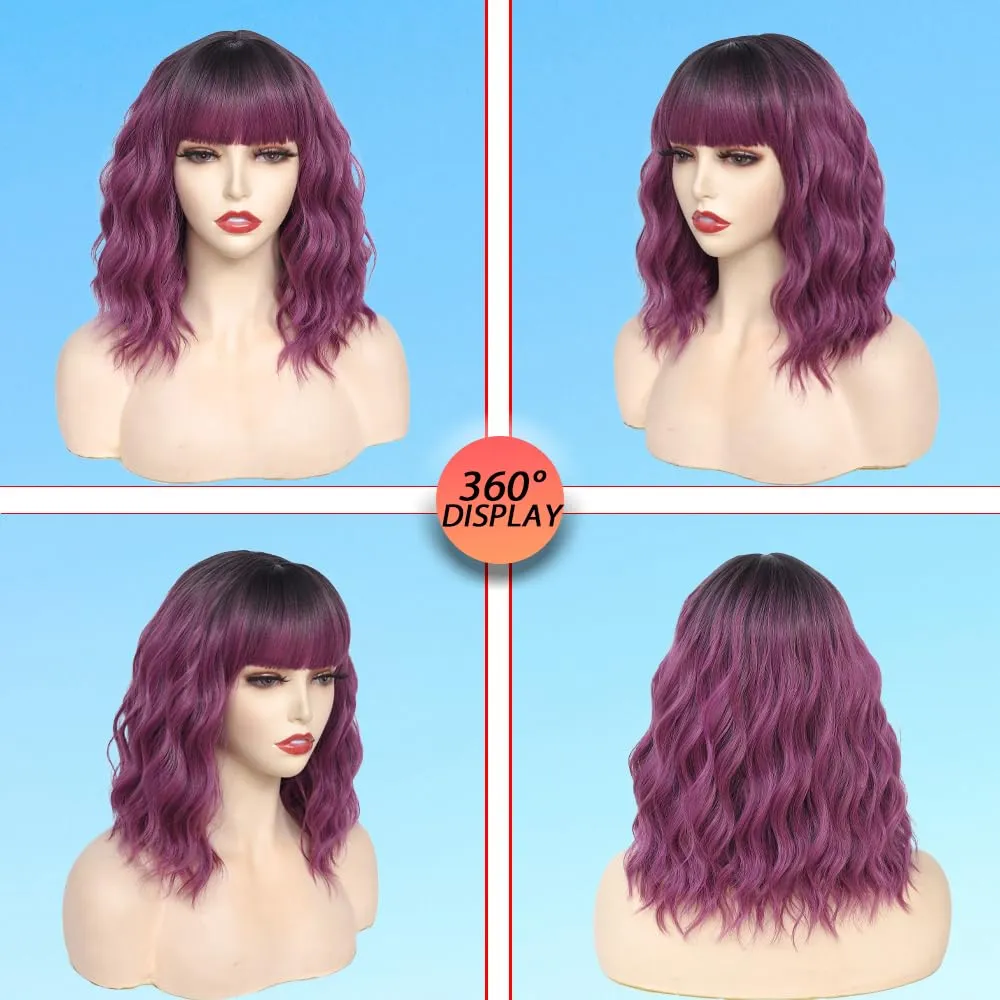 Short Wavy Purple Wig with Bangs 14inch Ombre Purple Wigs for Women Short Curly Bob Wigs Synthetic Natural Looking Hair Replacement Wigs Costume Cosplay Halloween Wig(14'' Purple)