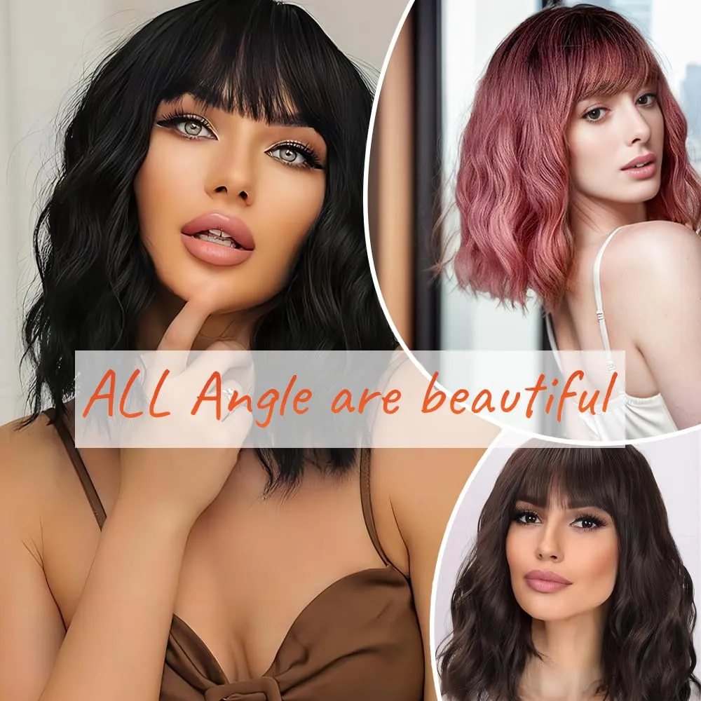 Short Wavy Purple Wig with Bangs 14inch Ombre Purple Wigs for Women Short Curly Bob Wigs Synthetic Natural Looking Hair Replacement Wigs Costume Cosplay Halloween Wig(14'' Purple)