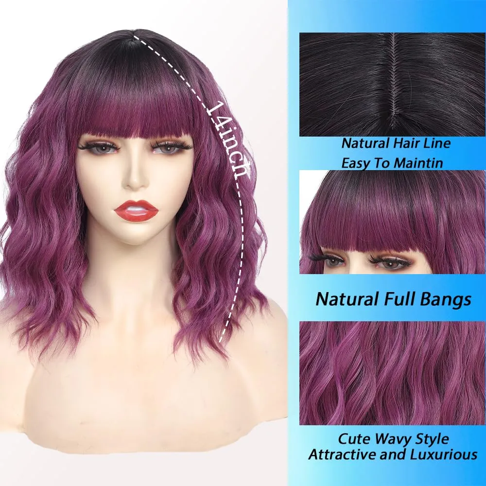 Short Wavy Purple Wig with Bangs 14inch Ombre Purple Wigs for Women Short Curly Bob Wigs Synthetic Natural Looking Hair Replacement Wigs Costume Cosplay Halloween Wig(14'' Purple)