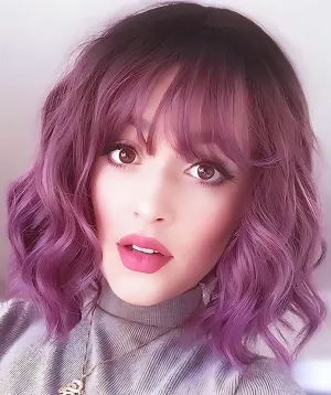 Short Wavy Purple Wig with Bangs 14inch Ombre Purple Wigs for Women Short Curly Bob Wigs Synthetic Natural Looking Hair Replacement Wigs Costume Cosplay Halloween Wig(14'' Purple)