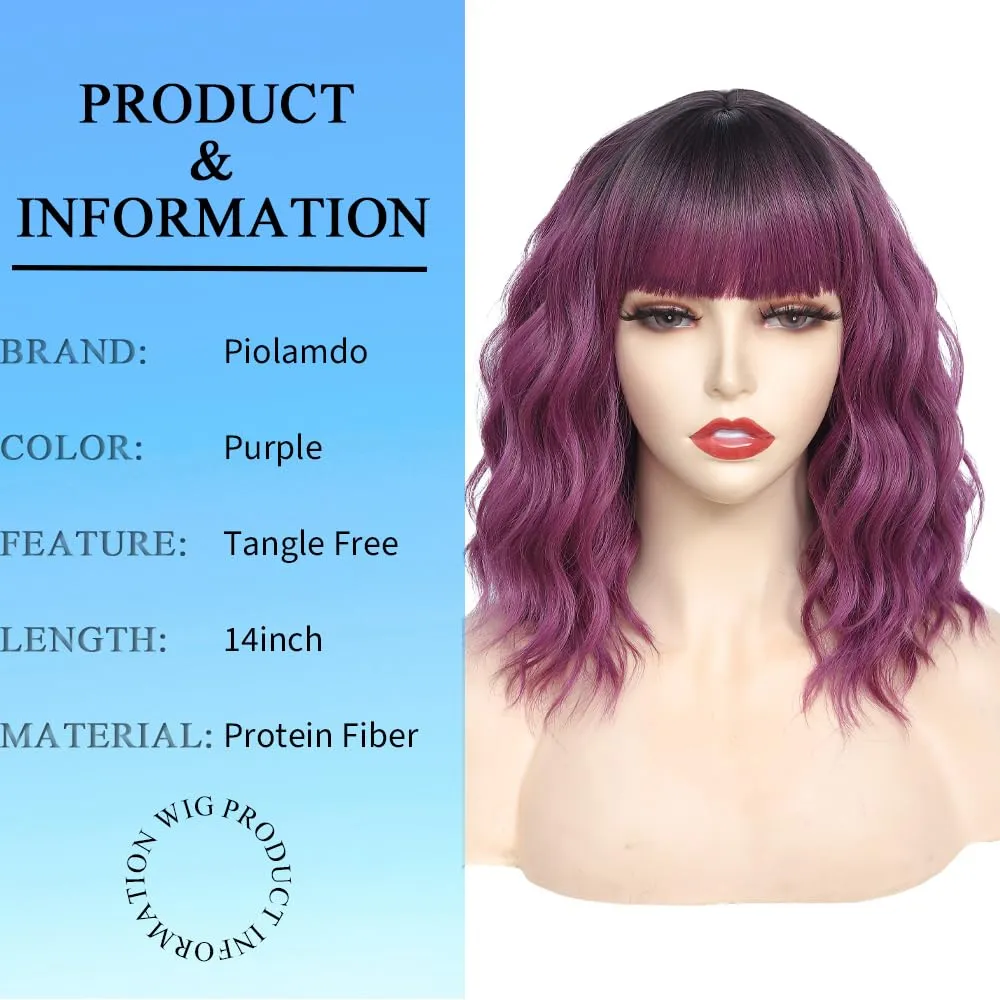 Short Wavy Purple Wig with Bangs 14inch Ombre Purple Wigs for Women Short Curly Bob Wigs Synthetic Natural Looking Hair Replacement Wigs Costume Cosplay Halloween Wig(14'' Purple)