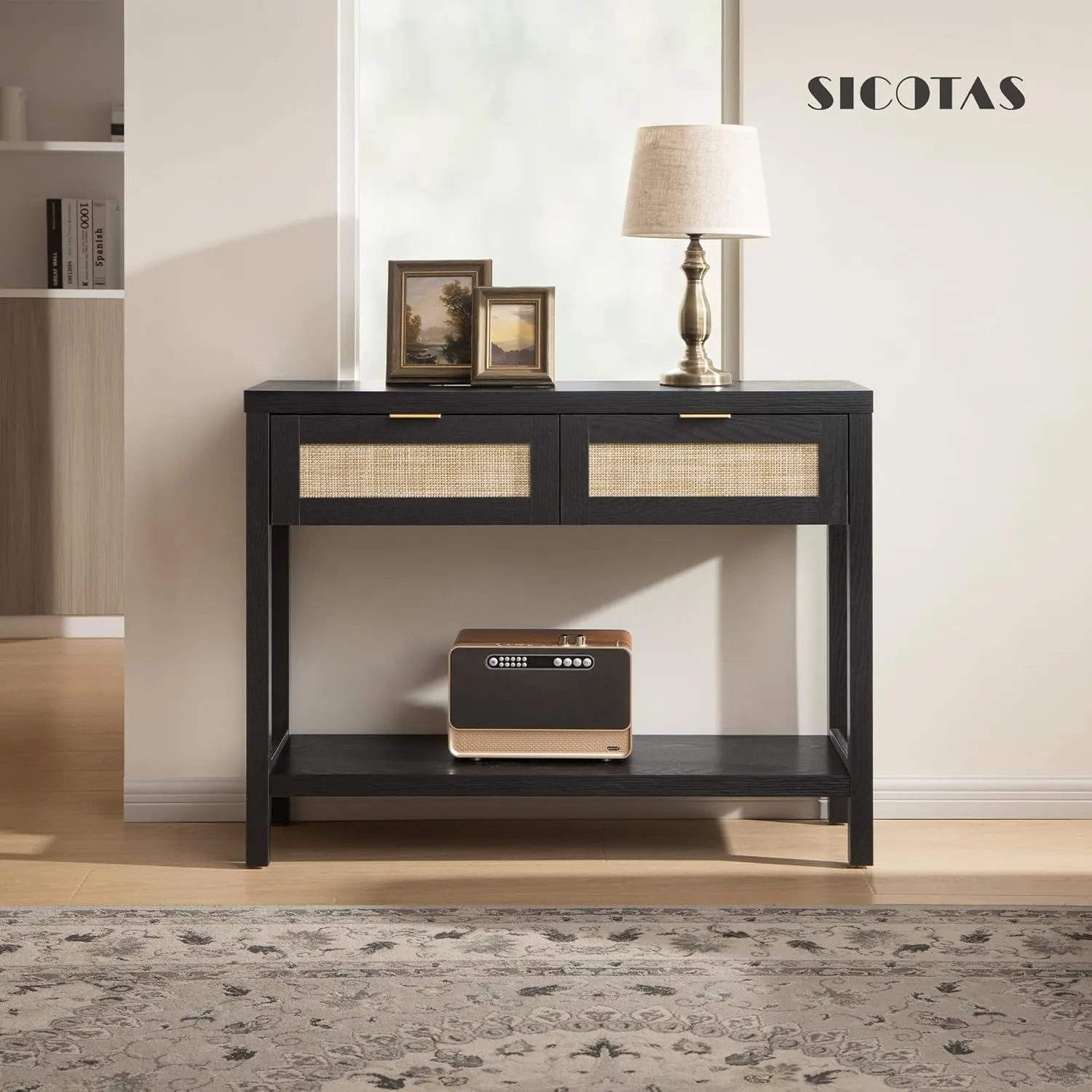 SICOTAS Black Console Table with Rattan Drawers - Boho Rattan Entryway Table with Storage, Small Console Tables for Entryway, Entry Table for Hallway, Sofa Table