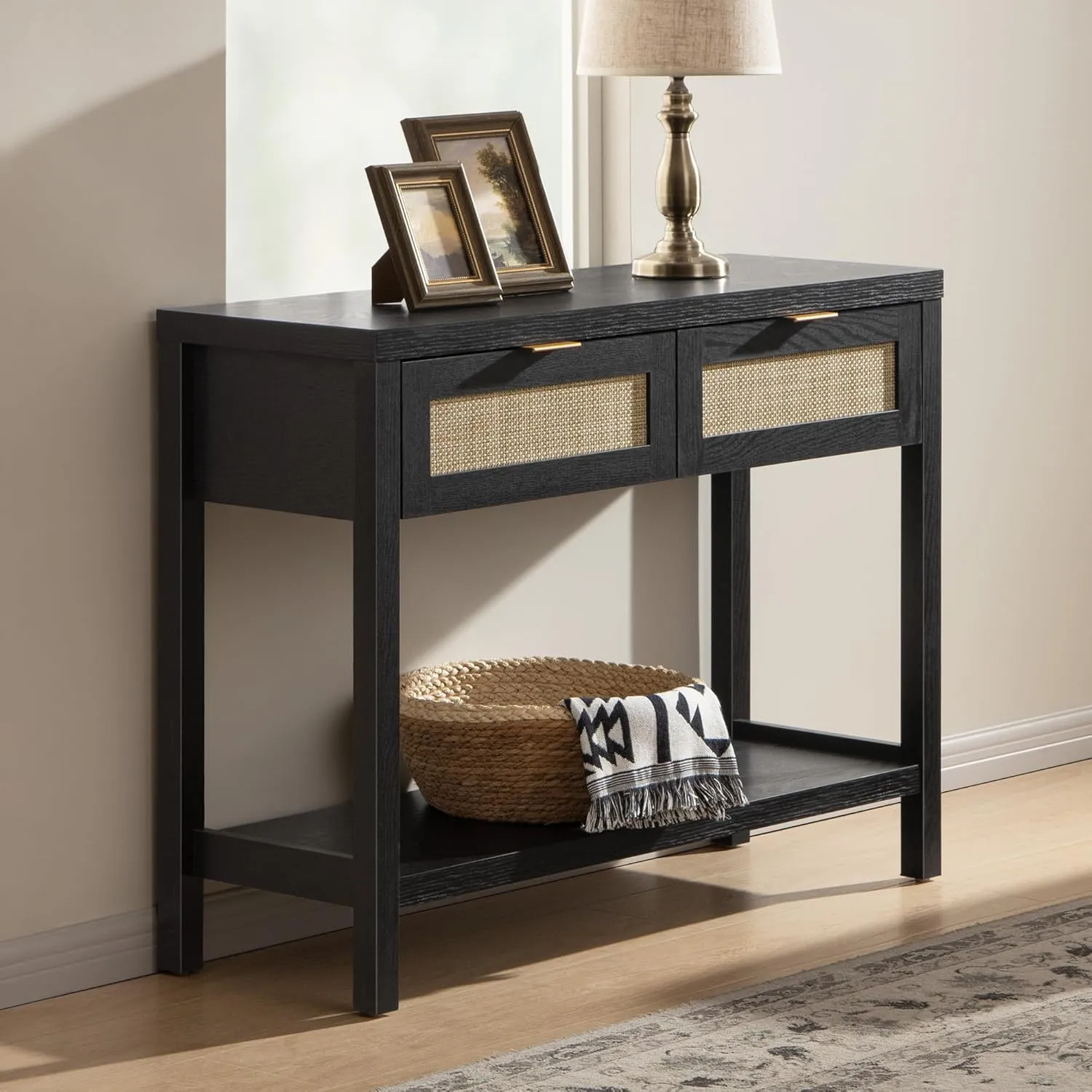 SICOTAS Black Console Table with Rattan Drawers - Boho Rattan Entryway Table with Storage, Small Console Tables for Entryway, Entry Table for Hallway, Sofa Table