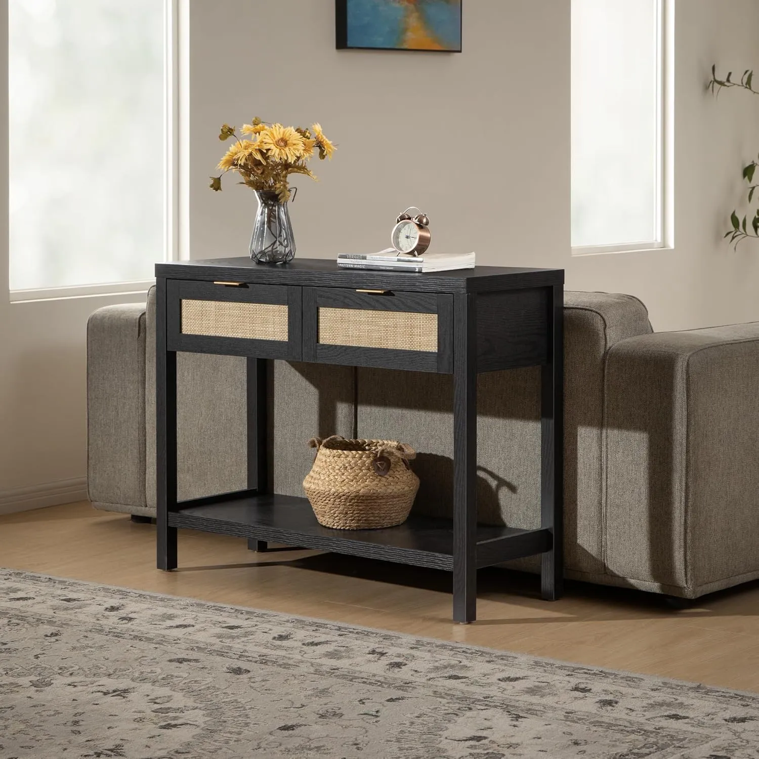 SICOTAS Black Console Table with Rattan Drawers - Boho Rattan Entryway Table with Storage, Small Console Tables for Entryway, Entry Table for Hallway, Sofa Table