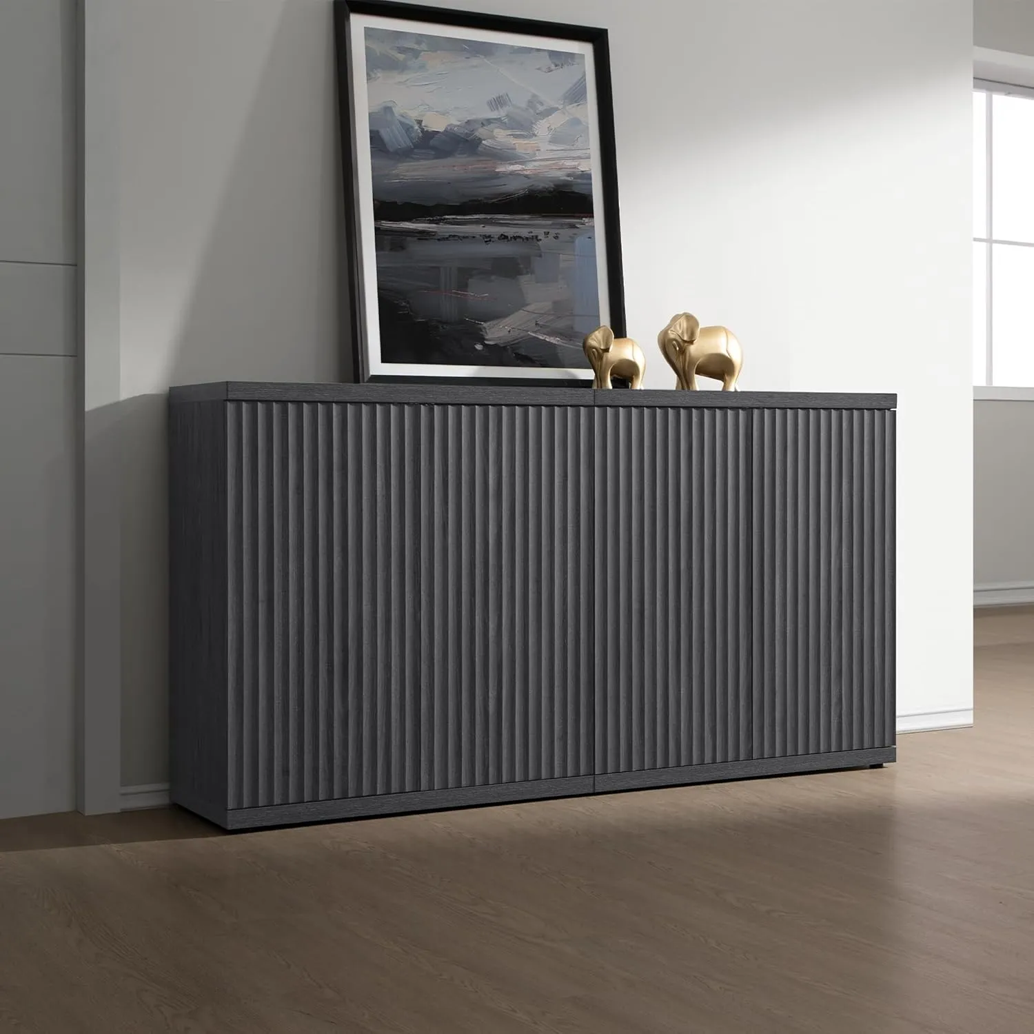 SICOTAS Buffet Cabinet with Storage Accent Sideboard Modern Credenza with Doors & Shelves Fluted Media Console Mid Century Coffee Bar Table for Living Room Kitchen Dining Room Hallway(3PCS)