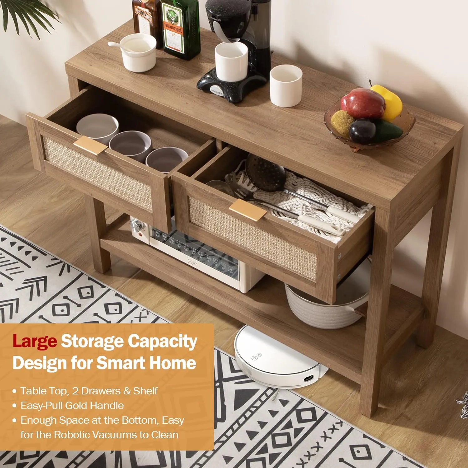 SICOTAS Console Table with Rattan Drawers - Boho Rattan Entryway Table with Storage, Small Console Tables for Entryway, Entry Tables for Hallway
