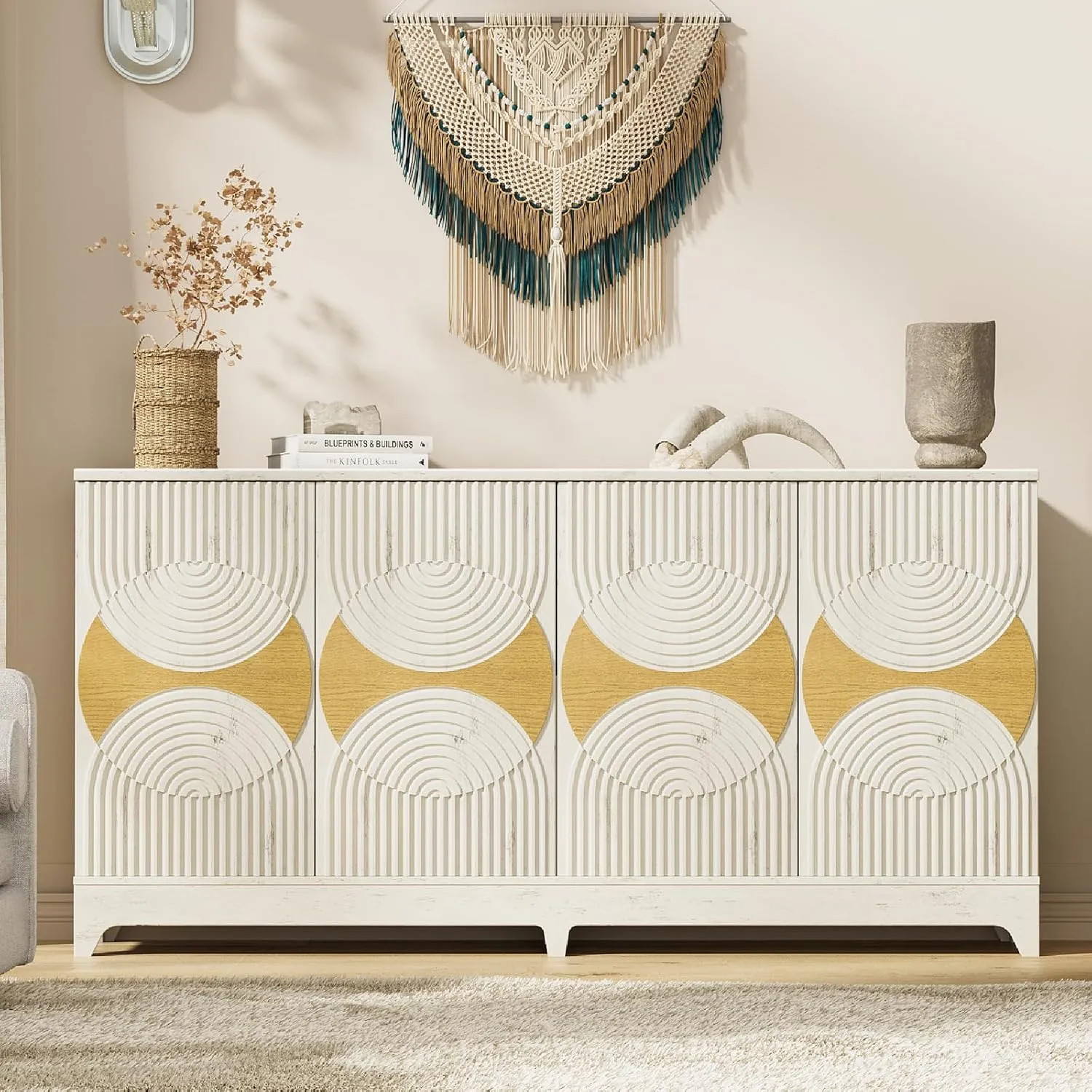 Sideboard Buffet Cabinet with Storage, 70'' Large Modern Fluted Sideboards, Boho Accent Credenza Storage Cabinet for Living Room Entryway Hallway, (Antique White)