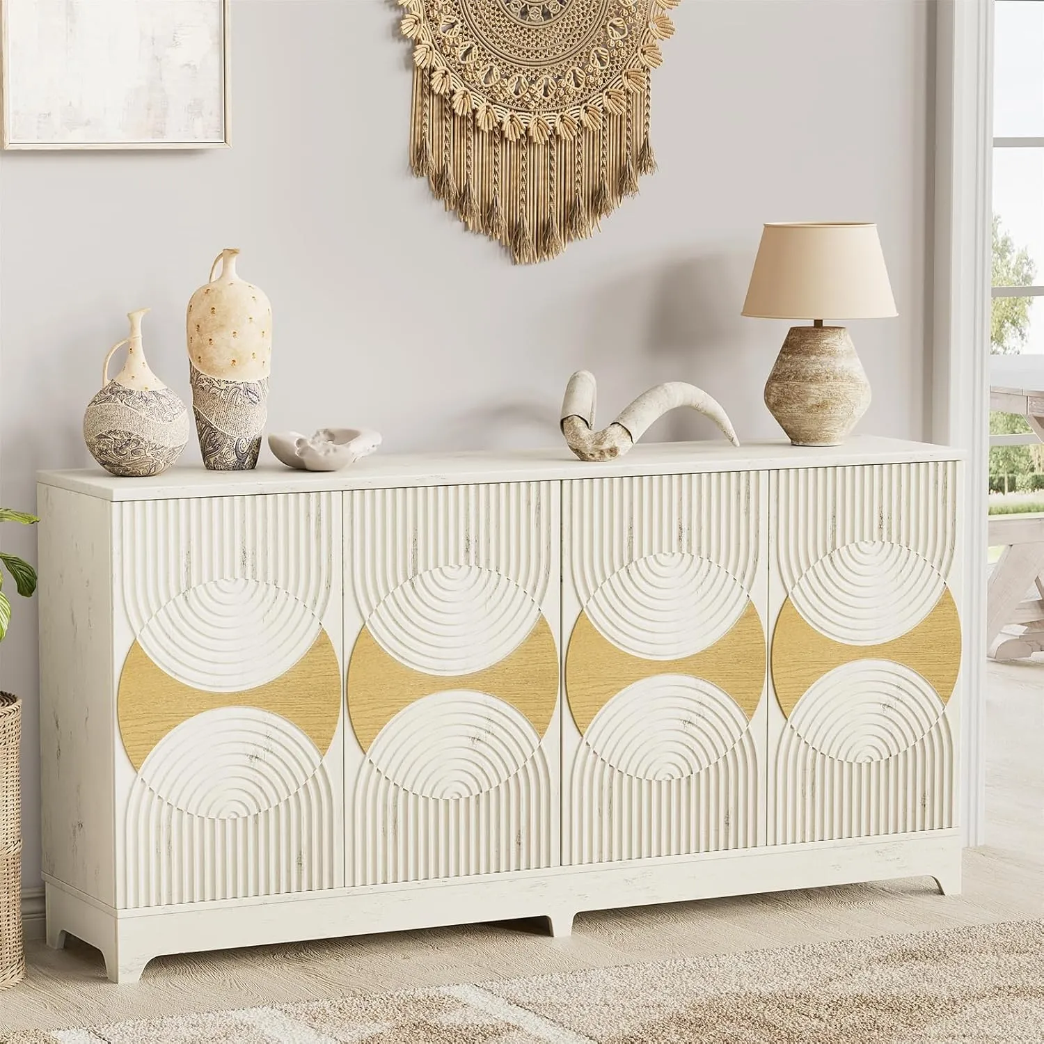 Sideboard Buffet Cabinet with Storage, 70'' Large Modern Fluted Sideboards, Boho Accent Credenza Storage Cabinet for Living Room Entryway Hallway, (Antique White)
