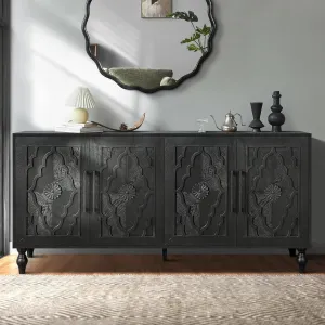 Sideboard Buffet Credenzas for Living Room, 63" Antique Black Entryway Table with Storage Accent Cabinet, Carved Flowers Doors & Wire Holes