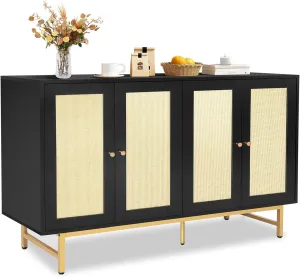 Sideboard Buffets Cabinet with 4 Rattan Doors, Large Storage Accent Cabinet Credenzas Modern Console Table for Living Room, Kitchen (Black)