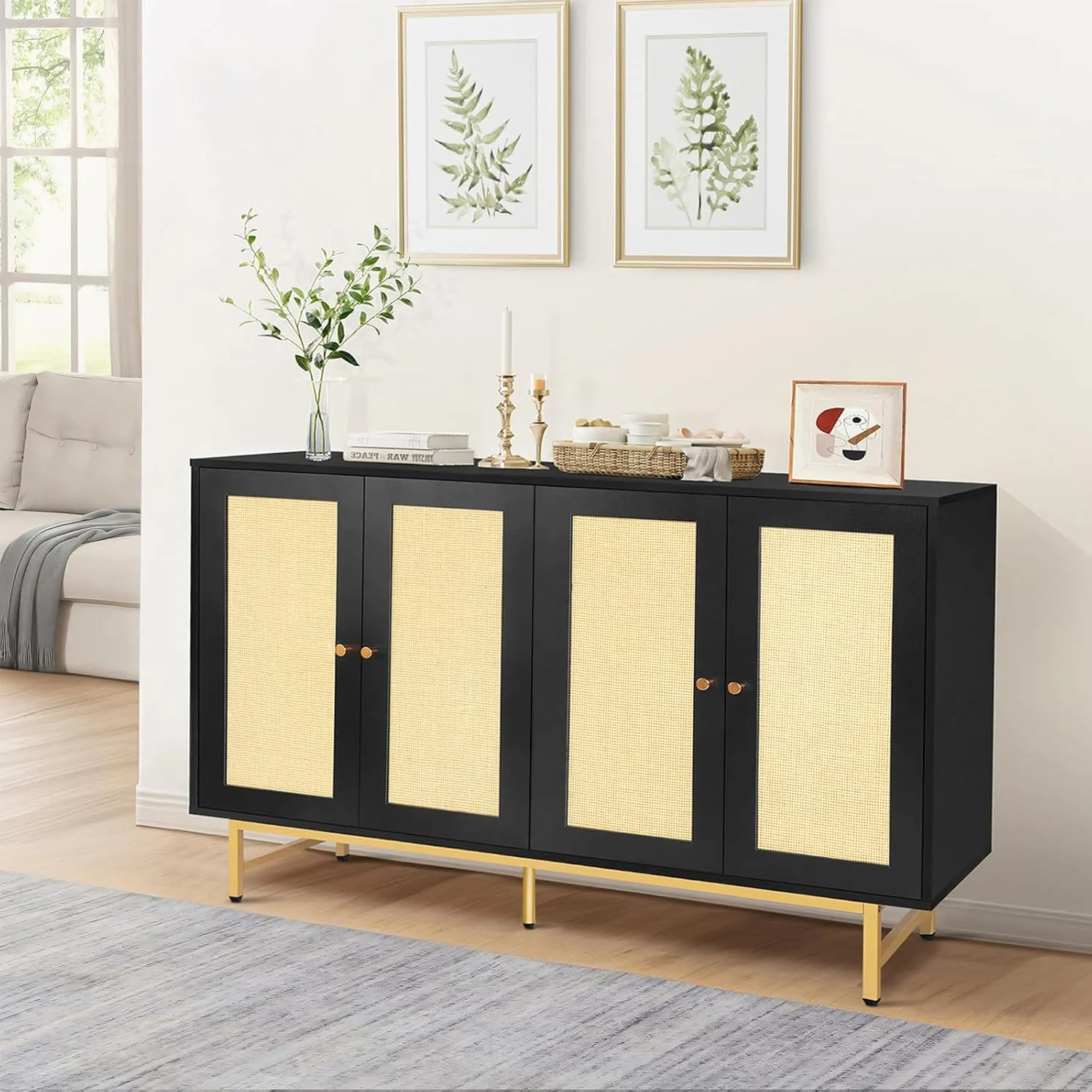 Sideboard Buffets Cabinet with 4 Rattan Doors, Large Storage Accent Cabinet Credenzas Modern Console Table for Living Room, Kitchen (Black)