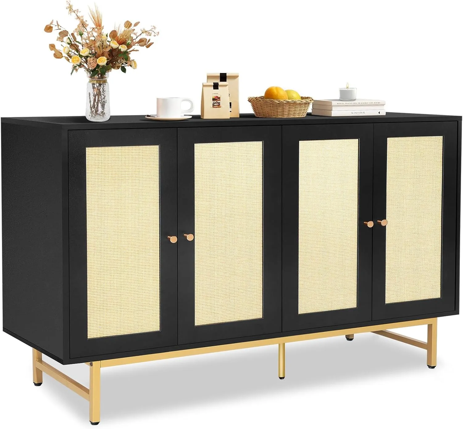 Sideboard Buffets Cabinet with 4 Rattan Doors, Large Storage Accent Cabinet Credenzas Modern Console Table for Living Room, Kitchen (Black)