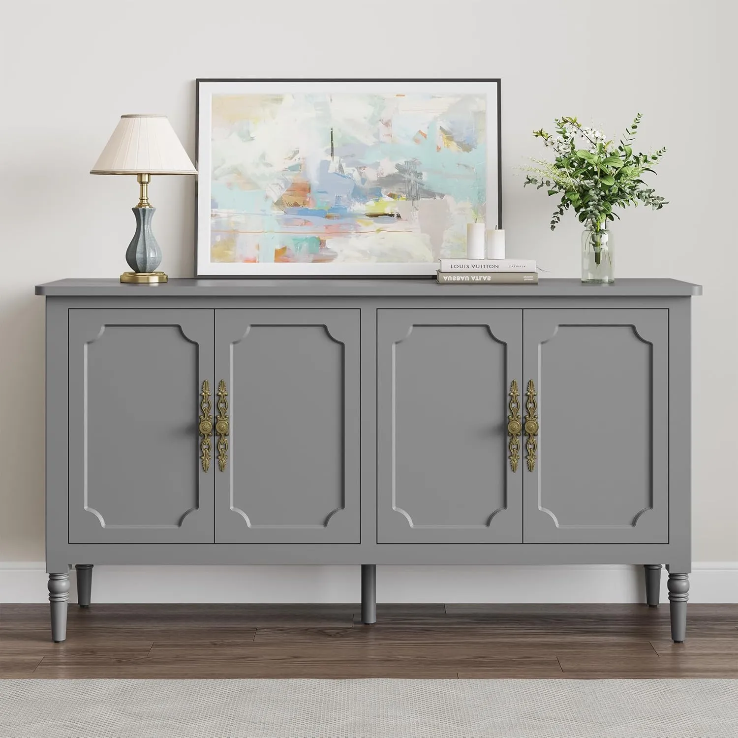 Sideboard with 4 Doors, Mid-Century Console Table with Adjustable Shelves, Accent Cabinet for Entryway, Living Room, Dining Room, Grey