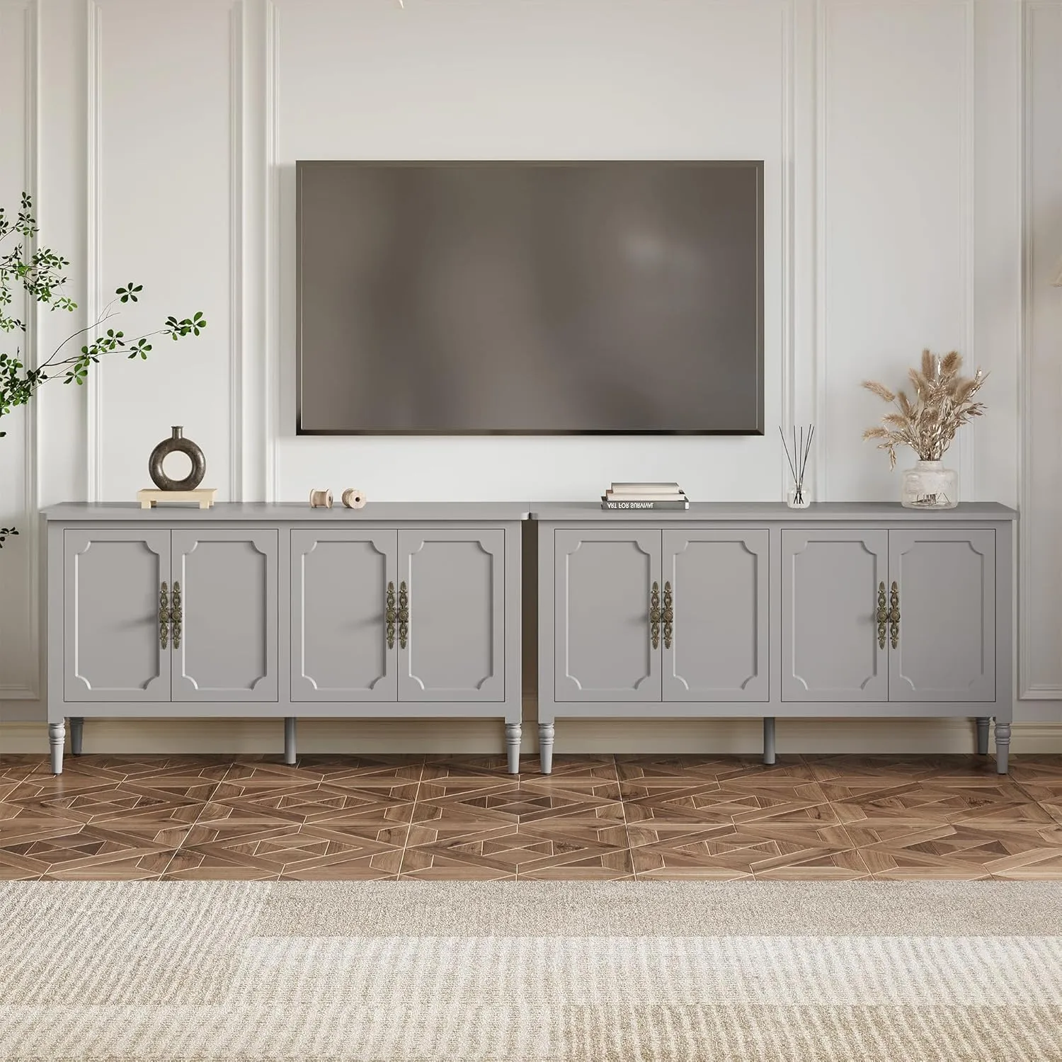 Sideboard with 4 Doors, Mid-Century Console Table with Adjustable Shelves, Accent Cabinet for Entryway, Living Room, Dining Room, Grey