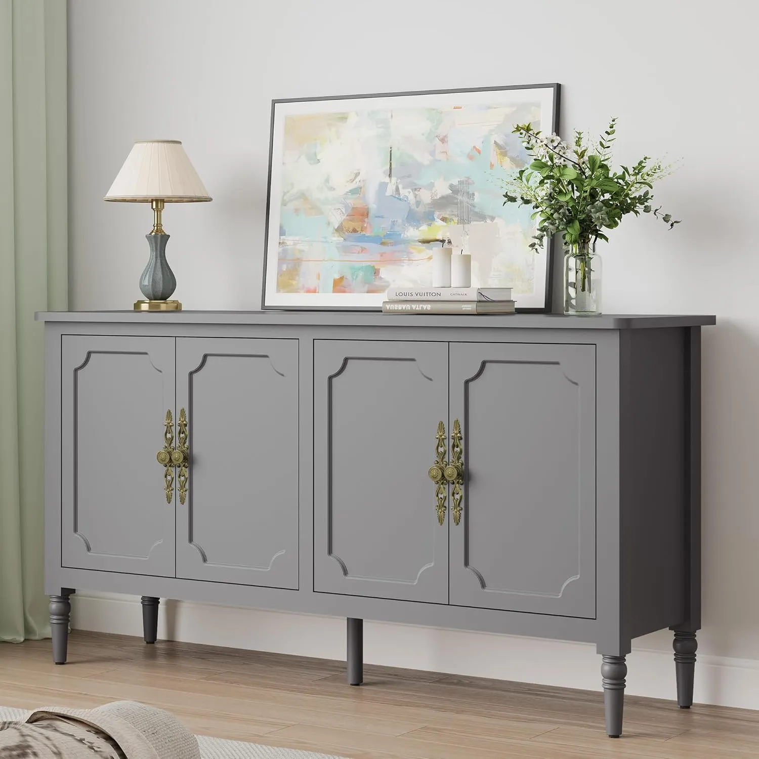 Sideboard with 4 Doors, Mid-Century Console Table with Adjustable Shelves, Accent Cabinet for Entryway, Living Room, Dining Room, Grey