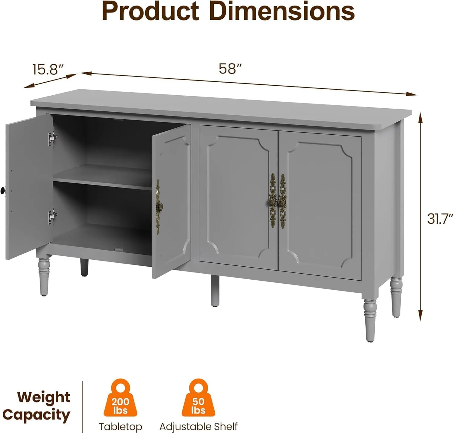Sideboard with 4 Doors, Mid-Century Console Table with Adjustable Shelves, Accent Cabinet for Entryway, Living Room, Dining Room, Grey
