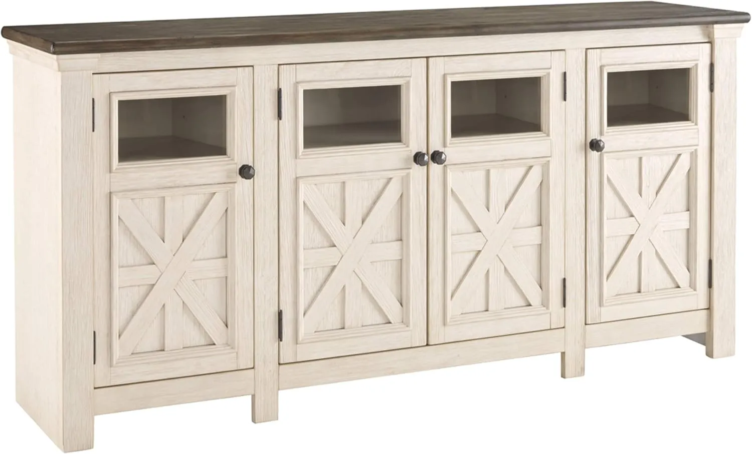 Signature Design by Ashley Bolanburg Two Tone Farmhouse TV Stand, Fits TVs up to 72", 3 Cabinets and Adjustable Storage Shelves, Whitewash