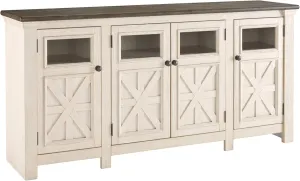 Signature Design by Ashley Bolanburg Two Tone Farmhouse TV Stand, Fits TVs up to 72", 3 Cabinets and Adjustable Storage Shelves, Whitewash