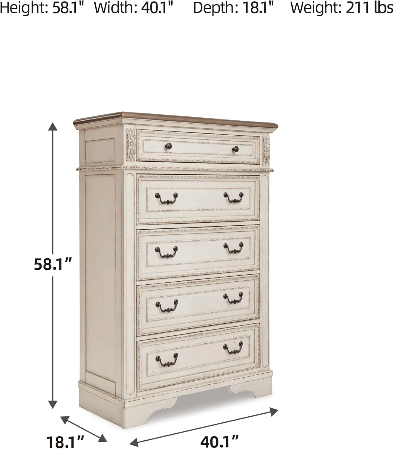 Signature Design by Ashley Realyn French Country Two Tone 5 Drawer Chest of Drawers, Chipped White