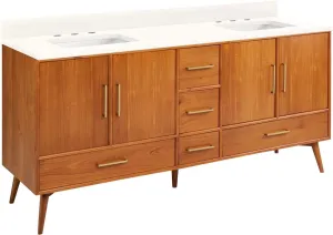 Signature Hardware 953363-72-RUMB-8 Novak 72" Freestanding Teak Double Basin Vanity Set with Cabinet, Vanity Top, and Rectangular Undermount Sinks - 8" Faucet Holes - Teak/Arctic White